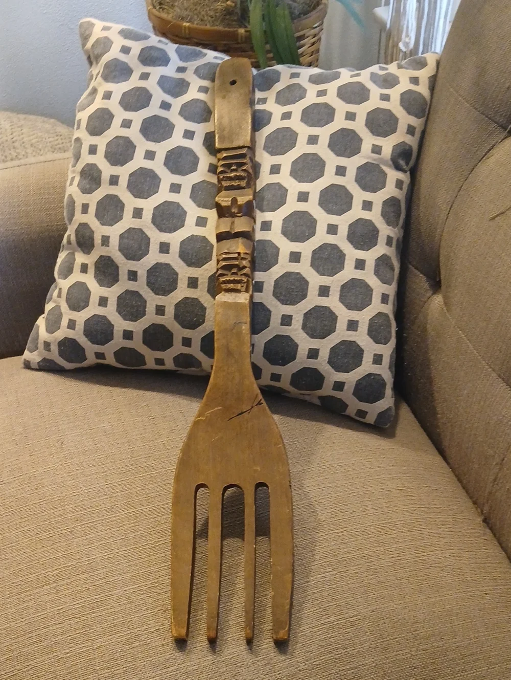 Hand-Carved Wooden Decorative Fork - Natural Brown